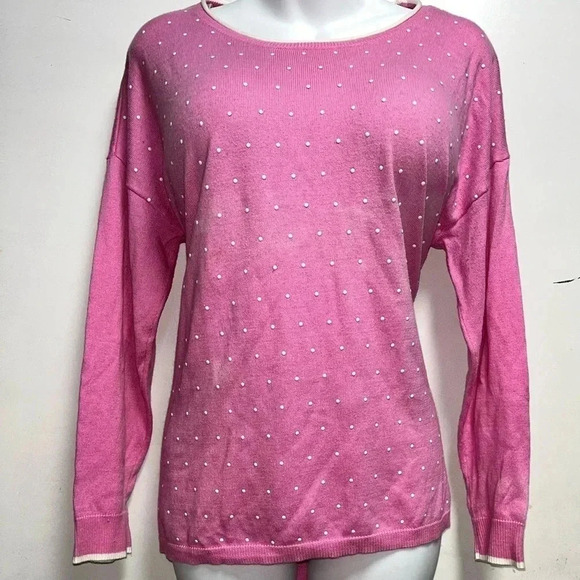 Elle Women's Pink Enamel Dot Crewneck Long Sleeve Sweater - Picture 1 of 4